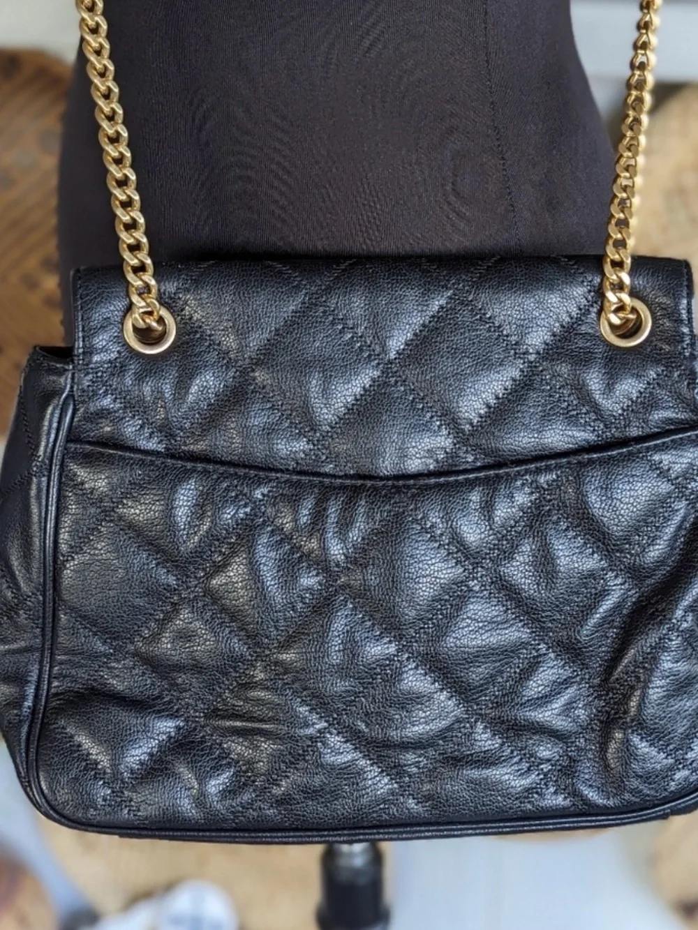 Tory Burch Black Quilted Leather Shoulder Bag with Gold Chain
